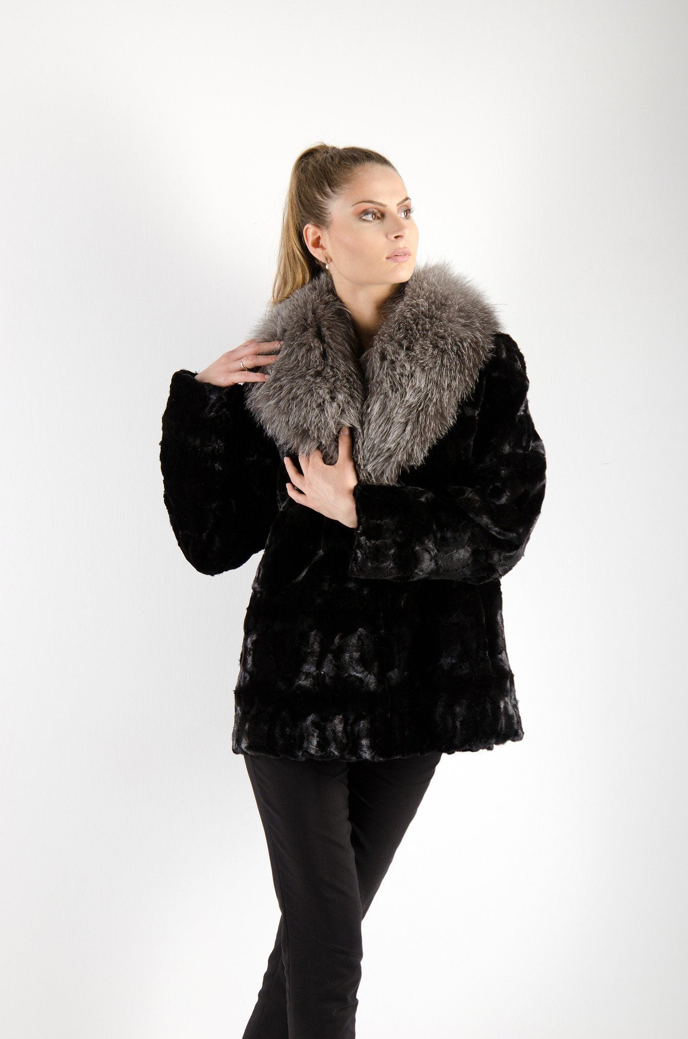 Black Mink Fur Jacket Fox Collar Trim | Starlight Furs – Starlight Furs