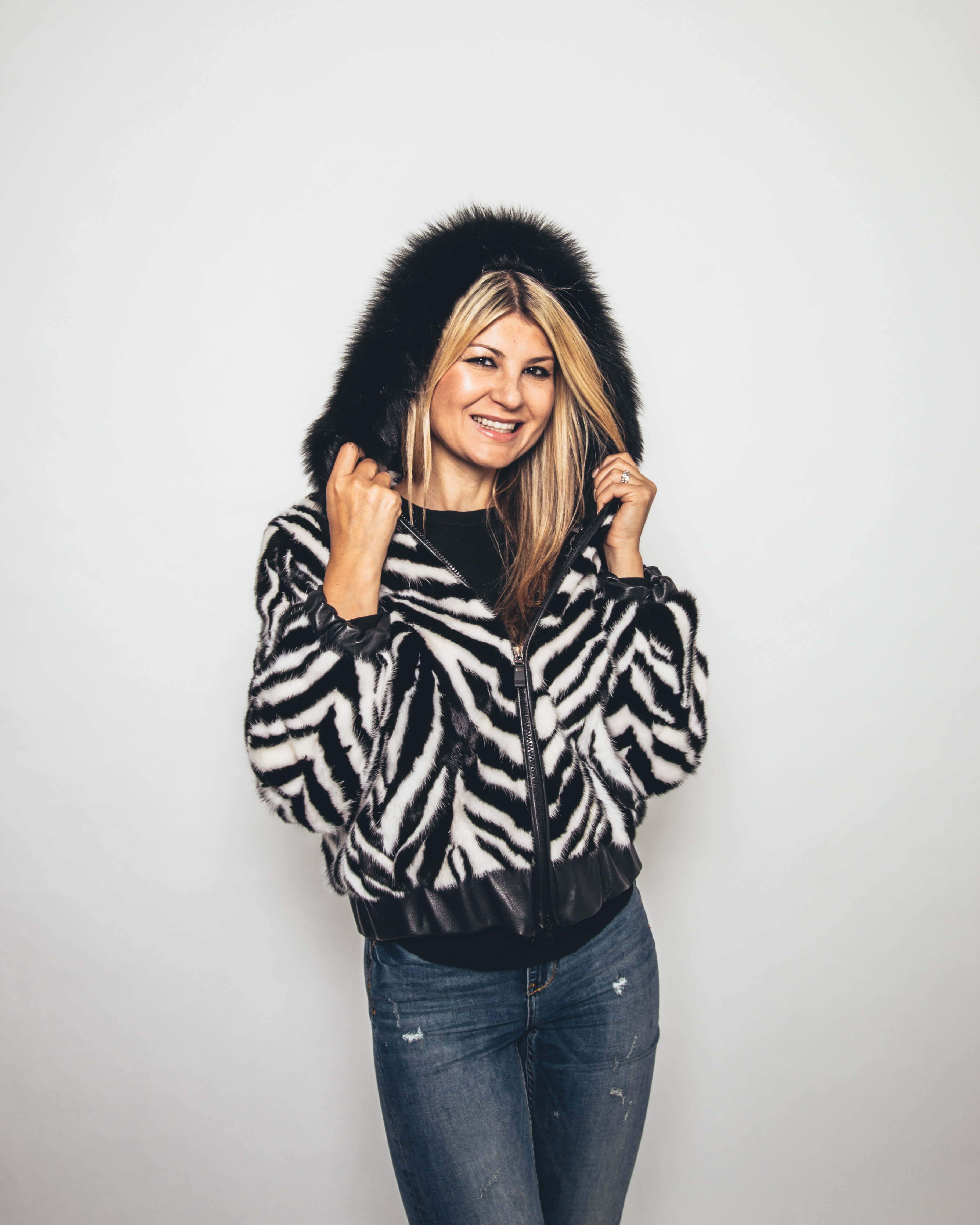 Mink Black and White Chevron Jacket with Fox Trim Hood M